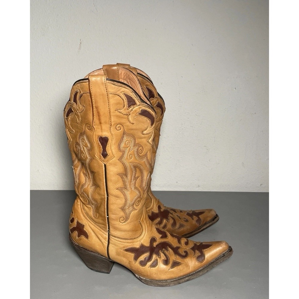 WOMENS STETSON 12-021-6102-0540 TAN BROWN INLAY LEATHER WESTERN COWBOY BOOTS 8.5